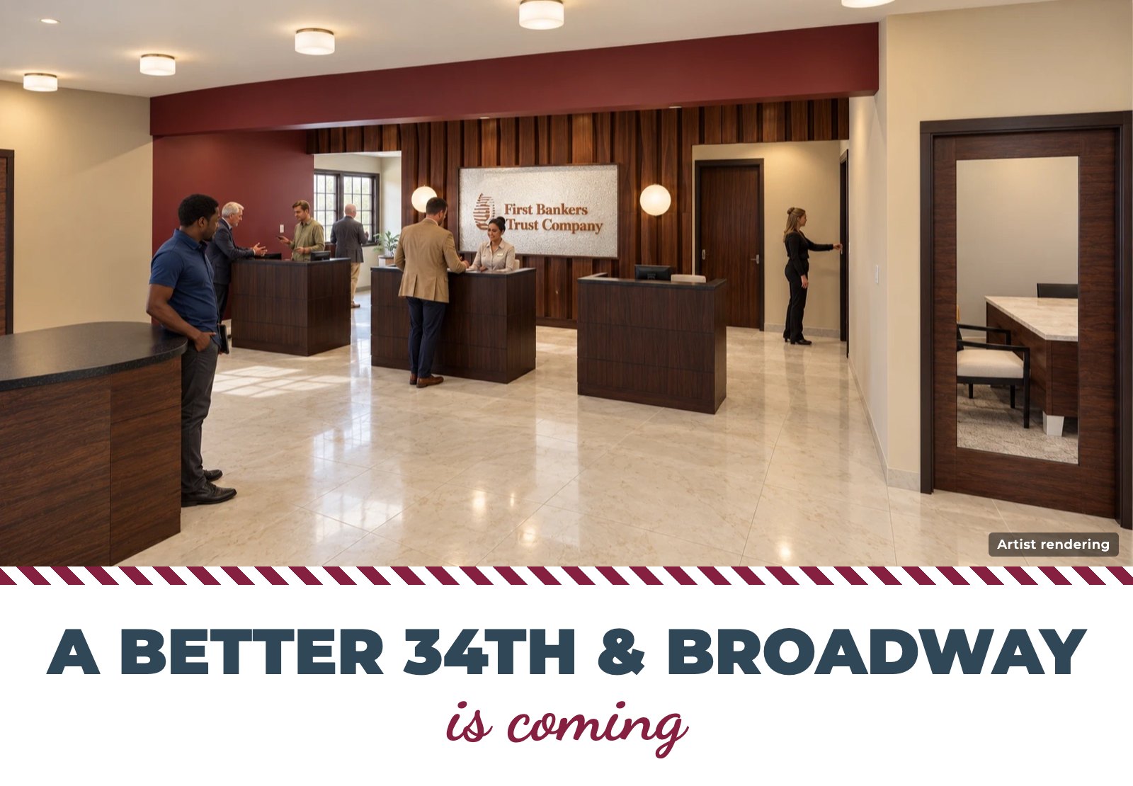 Artist rendering of the renovated First Bankers Trust 34th and Broadway lobby and teller line in Quincy, IL