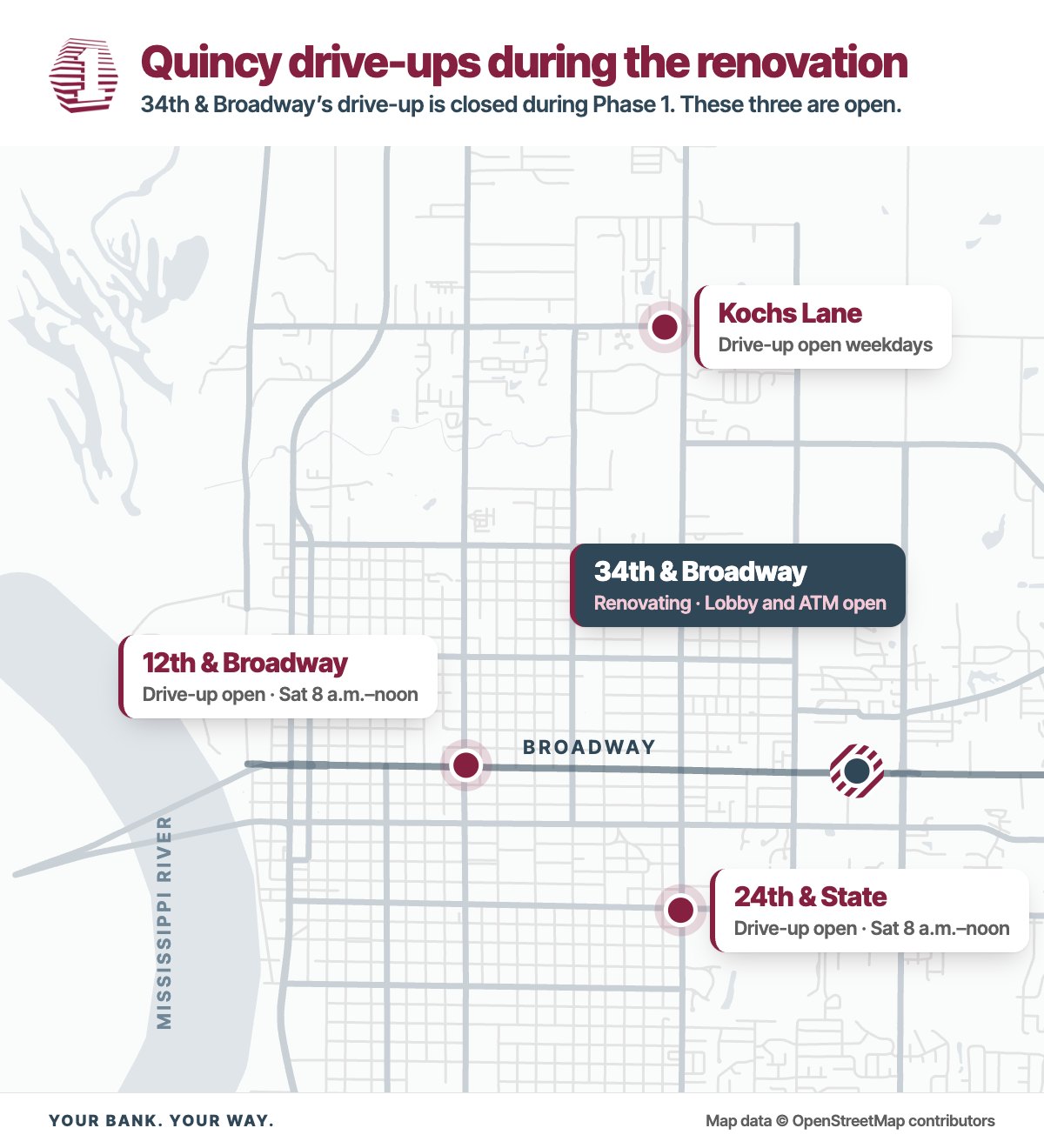 Map of First Bankers Trust branches in Quincy, IL, showing the open drive-ups at 12th and Broadway, 24th and State and Kochs Lane, and 34th and Broadway under renovation